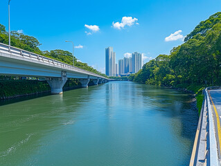Symmetrical Overpass Going Over a River in Singapore