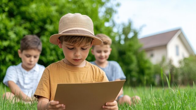 A group of kids participating in a neighborhood scavenger hunt, searching for hidden treasures and clues   scavenger hunt, community fun