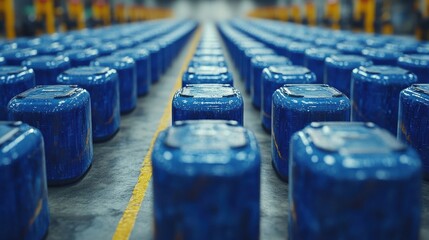 Rows of blue containers in a warehouse, showcasing a minimalist and organized production space