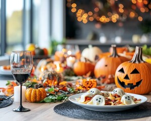 A Halloween pasta night with ghost-shaped ravioli and pumpkin-shaped garlic bread