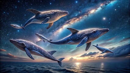 Fototapeta premium Giant whales flying in starry sky light painting style