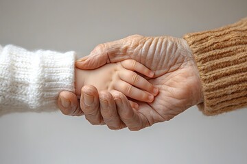 An elderly woman's hand gently holding a baby's hand.