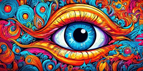 A colorful painting of an eye with a blue iris