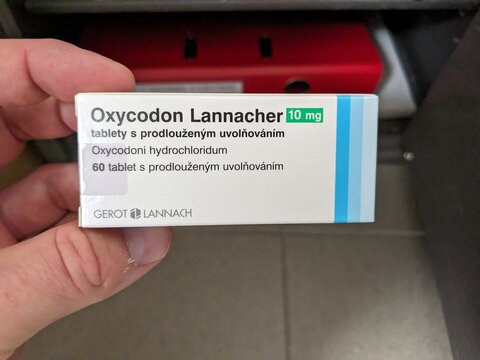 Prague,Czech Republic-October 9 2024: OXYCODON LANNACHER by LANNACHER, containing OXYCODONE, is an opioid pain medication used for managing moderate to severe pain, commonly prescribed for chronic pai