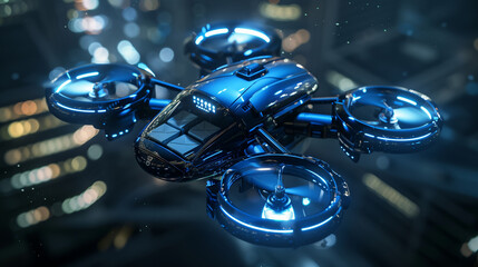 Modern drone flying above city at night