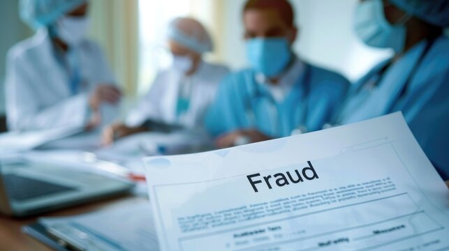 Healthcare professionals discussing fraud document in hospital meeting room.