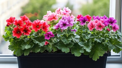 A colorful array of geraniums blooming in a window box, with their vibrant red, pink, and purple flowers adding a splash of color to the scene -