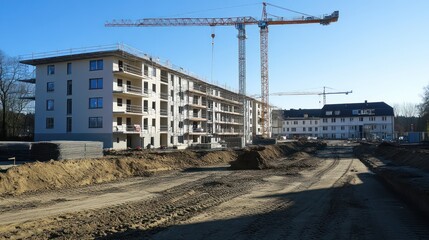 Fototapeta premium A partially constructed apartment building with a crane in the background.