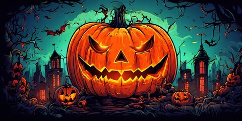 Fototapeta premium A large pumpkin with a scary face is surrounded by smaller pumpkins