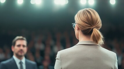 A professional woman stands confidently, addressing an audience, emphasizing leadership and public speaking in a business environment.