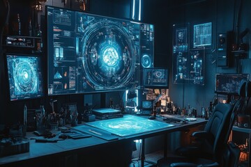 Futuristic hacker's workspace with glowing screens, computer monitors, and a desk.