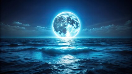 neon light art shining in the moonlit night over dark seas and clouds