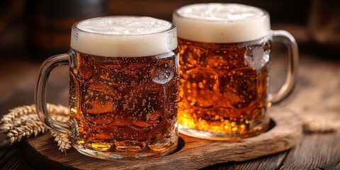 Two frosted mugs of golden ale, brimming with bubbles, rest on a rustic wooden surface  The light catches the beer, casting warm, inviting reflections