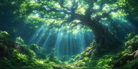 Sunlight Illuminates a Lush Forest Canopy, Bathed in a Mystical Glow, Creating an Enchanting Scene