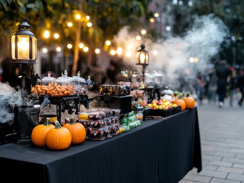 A Halloween-themed candy station with chocolate eyeballs candy corn