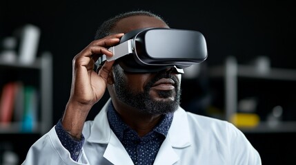 Exploring the Metaverse: A focused portrait of a serious scientist, engrossed in a virtual reality experience, wearing a VR headset.