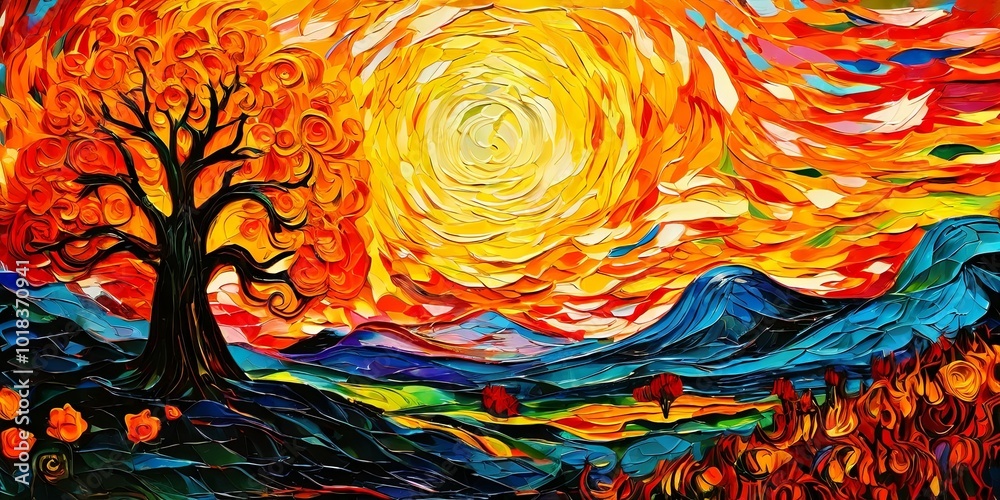 Poster a painting of a tree with a sun in the background