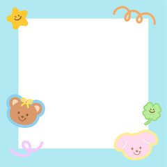 Cute square frame with teddy bear, puppy, clover leaf, star for polaroid photo, banner, social media post, ad template, memo, sticky note, notepad, paper design, animal print, souvenir shop, pet, card