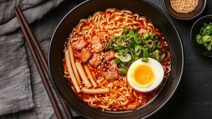 A hearty bowl of spicy ramen with char siu pork, soft-boiled egg, and bamboo shoots, garnished with chili flakes and sesame seeds