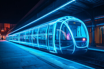 image of an ethereal, transparent train with a blue glow, depicted in a night scene with a glowing neon outline