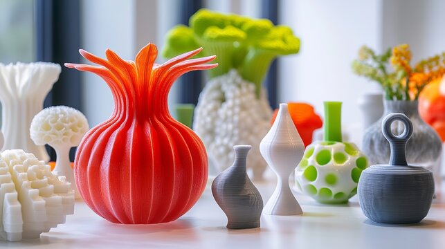 An array of multicolored 3D-printed art objects showcases the versatility of additive manufacturing. Using molten plastic, a 3D printer crafted a red vase, white mushroom, green tip,