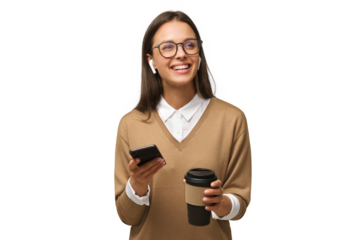 Portrait of beautiful young woman in holding her phone and takeaway coffee
