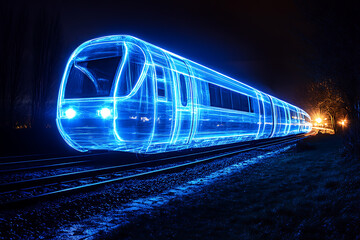 Naklejka premium image of an ethereal, transparent train with a blue glow, depicted in a night scene with a glowing neon outline