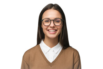 Smiling female college teacher wearing trendy glasses