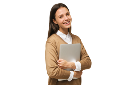 Studio shot of woman, college student smiling at camera, pressing laptop to chest, ready to go to studies, start new project
