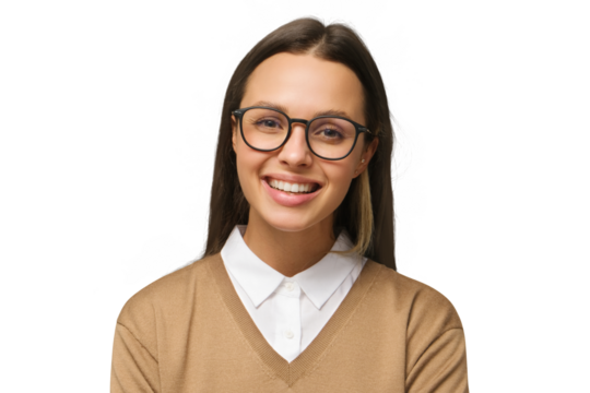 Beautiful smiling female college teacher wearing trendy glasses