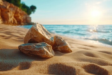 Serene Beach Escape with Scattered Rocks and Gentle Breeze Find Tranquility and Relaxation on a Sandy Shore