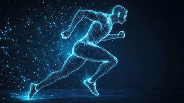 Blue wireframe hologram of athlete running for sport technology and futuristic digital elements.