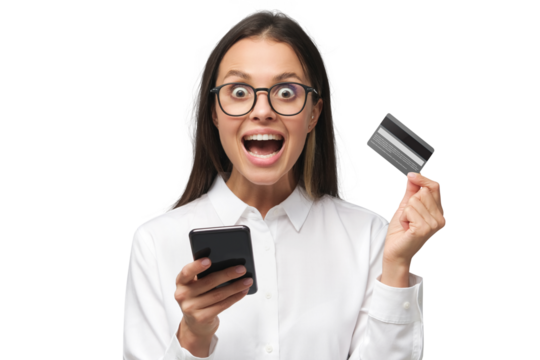 Portrait of excited young woman with mouth open, holding credit card, using mobile phone with banking app