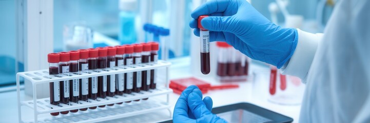 Laboratory technician handling blood samples in a medical setting.