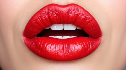 Obraz premium Close-up of Vibrant Red Lips Showcasing Perfect Lipstick Application With a Smooth Finish