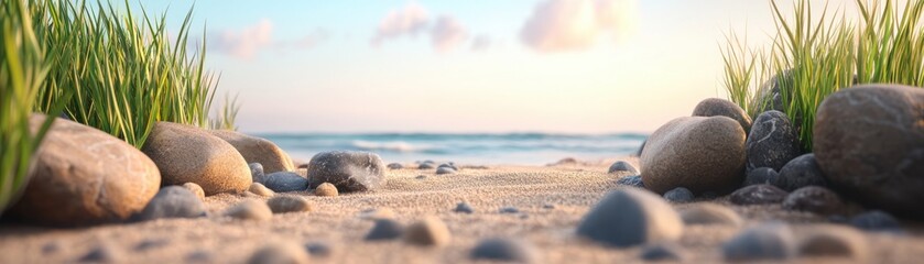 Serene Coastal Scene Rocky Beach with Wind Rustling Seagrass, Peaceful Oceanside Landscape with Tranquil Atmosphere