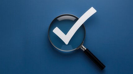 Magnifying glass with check mark on blue background, symbolizing confirmation.