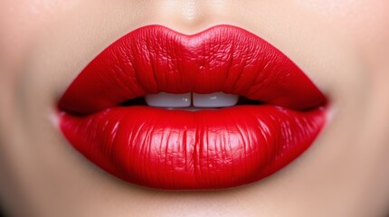 Fototapeta premium Close-up of Vibrant Red Lips Showcasing Smooth Texture and Glossy Finish in Natural Light