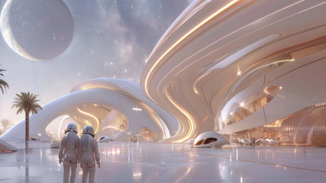 Futuristic space colony with astronauts and sleek architecture under starry sky.