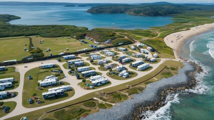 An aerial view of a coastal area with a campground. The campground is organized with multiple RVs parked in rows, surrounded by green grassy fields. Adjacent to the campground, there's a sandy beach