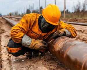 Skilled Welder Demonstrates Precision Welding Techniques on an Industrial Construction Project, Ensuring a Strong and Durable Pipeline Installation