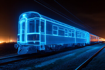 Obraz premium image of an ethereal, transparent train with a blue glow, depicted in a night scene with a glowing neon outline
