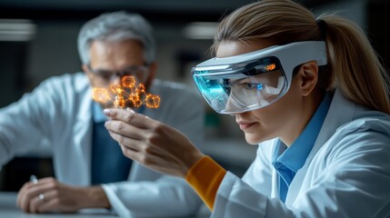 Science and Innovation: A female scientist wearing augmented reality glasses examines a molecular model in a modern lab, representing the cutting edge of scientific discovery.  