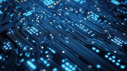 Obraz premium Abstract Technology Background with Binary Code and glowing network circuit Board lines,