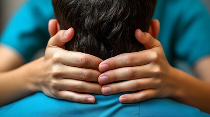 Close-up of physiotherapist hands massaging a client neck to alleviate pain and stress
