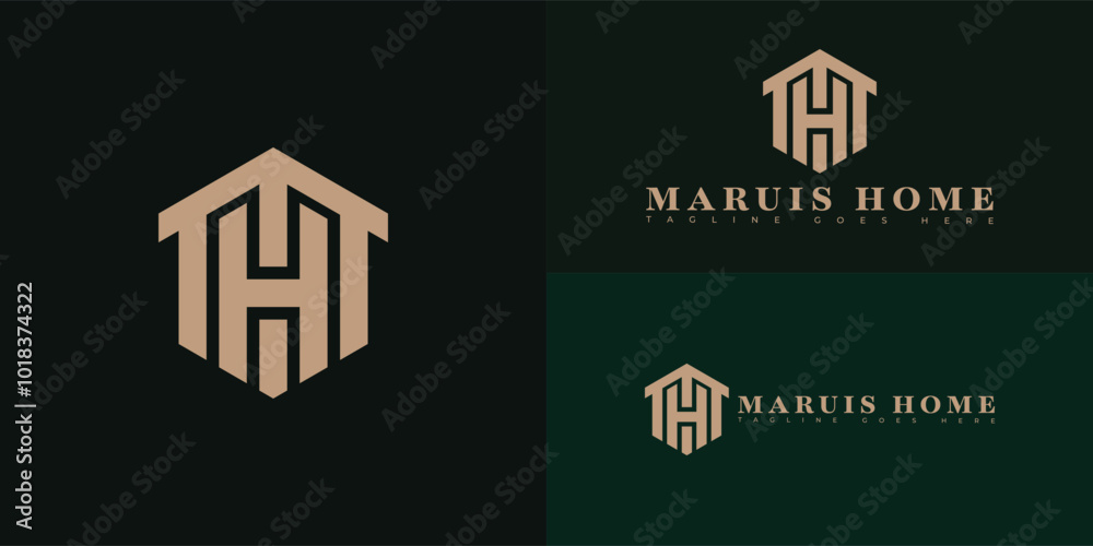 Wall mural modern hexagon initial vector letter mh or hm logo in gold color isolated on multiple background col