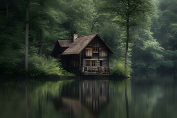 Fototapeta premium A secluded wooden cabin sits nestled amidst a lush, green forest, its reflection mirroring perfectly on the still surface of a nearby lake
