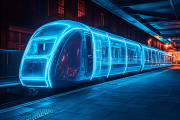 image of an ethereal, transparent train with a blue glow, depicted in a night scene with a glowing neon outline