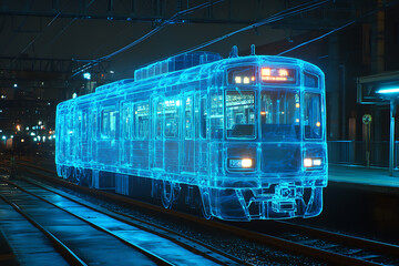 Fototapeta premium image of an ethereal, transparent train with a blue glow, depicted in a night scene with a glowing neon outline