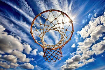 Netball goal ring and net against a blue sky and clouds